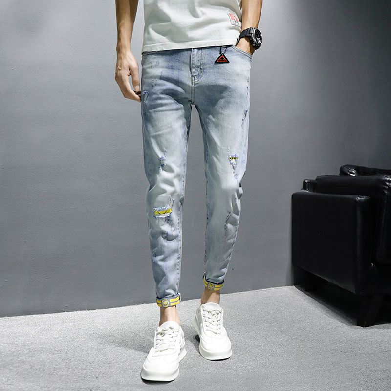 Jeans Til Mænd Trendy Mærke Forår Og Efterår Nye Slanke Uformelle Bukser Med Ni Punkter Herrebukser