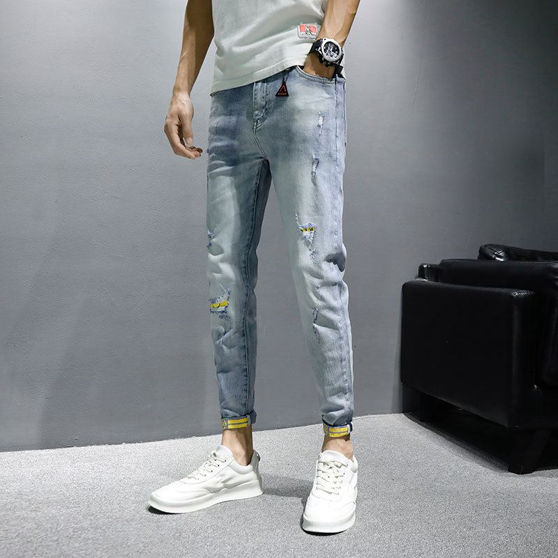 Jeans Til Mænd Trendy Mærke Forår Og Efterår Nye Slanke Uformelle Bukser Med Ni Punkter Herrebukser