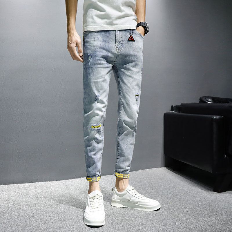 Jeans Til Mænd Trendy Mærke Forår Og Efterår Nye Slanke Uformelle Bukser Med Ni Punkter Herrebukser