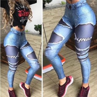 Kvinder 3d-printet Fake Denim Blue Mesh Leggings Elastiske Workout Legging Bukser Mode 2023 Kvinde Leggings Plus Size Femme