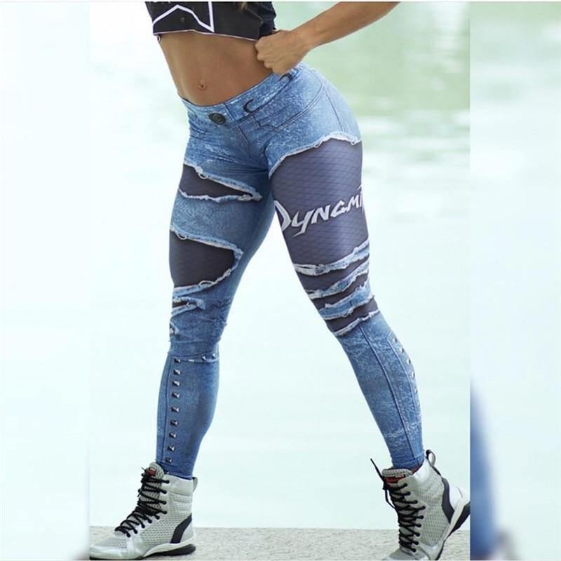 Kvinder 3d-printet Fake Denim Blue Mesh Leggings Elastiske Workout Legging Bukser Mode 2023 Kvinde Leggings Plus Size Femme