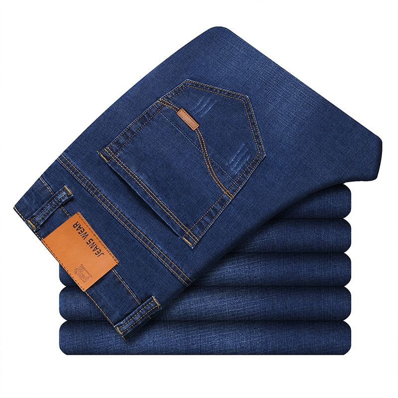 Mænds Forårs- Og Sommerjeans Stretch Slanke Lige Mid-talje Stor Størrelse Business Casual Bukser