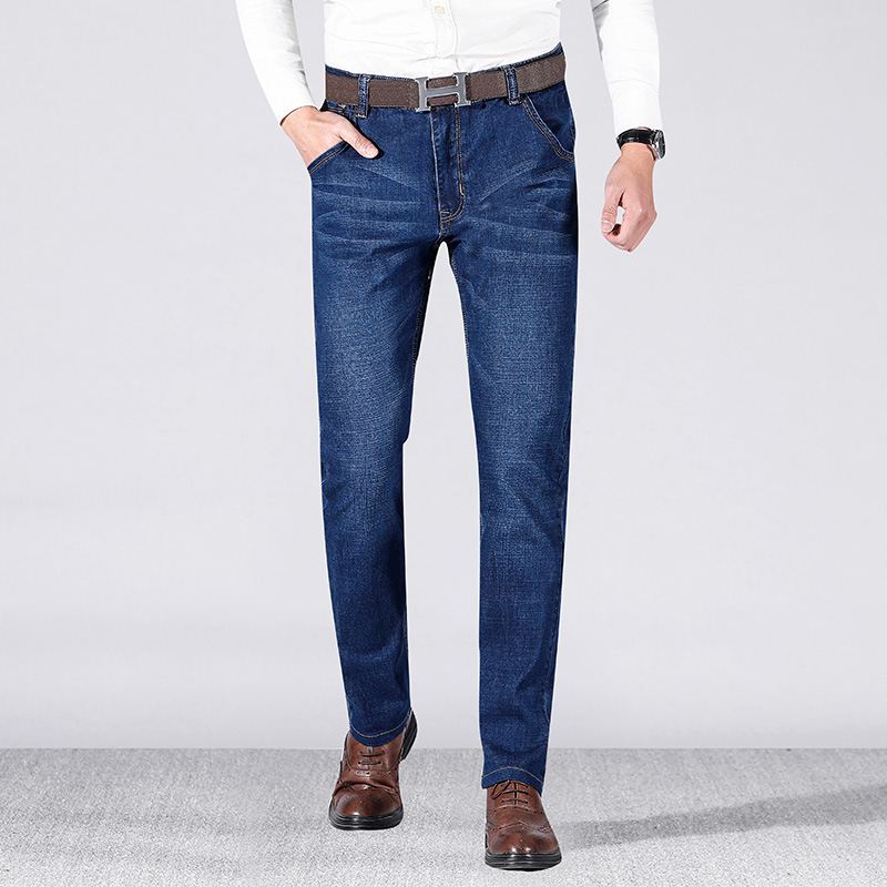 Mænds Forårs- Og Sommerjeans Stretch Slanke Lige Mid-talje Stor Størrelse Business Casual Bukser