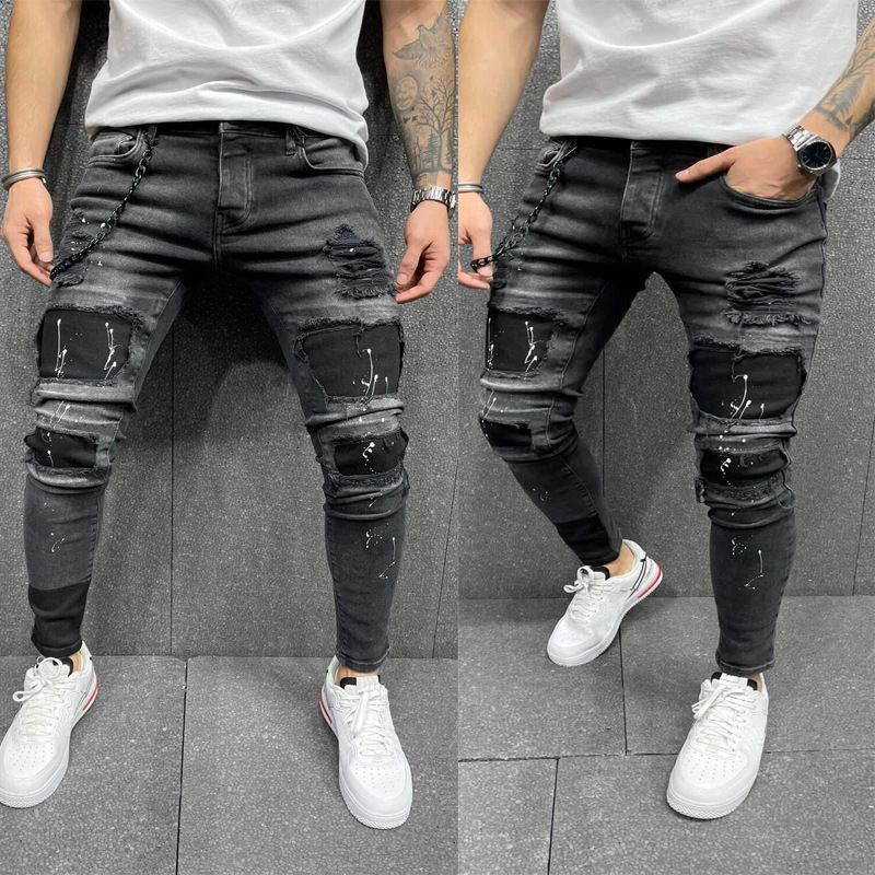 Mænds Nye Patch-rippede Elastiske Skinny-jeans