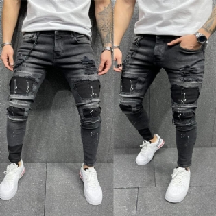 Mænds Nye Patch-rippede Elastiske Skinny-jeans