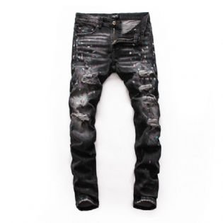 Mænds Ripped Patch Jeans Youth Slim Pants Biker Pants Inkjet Personality