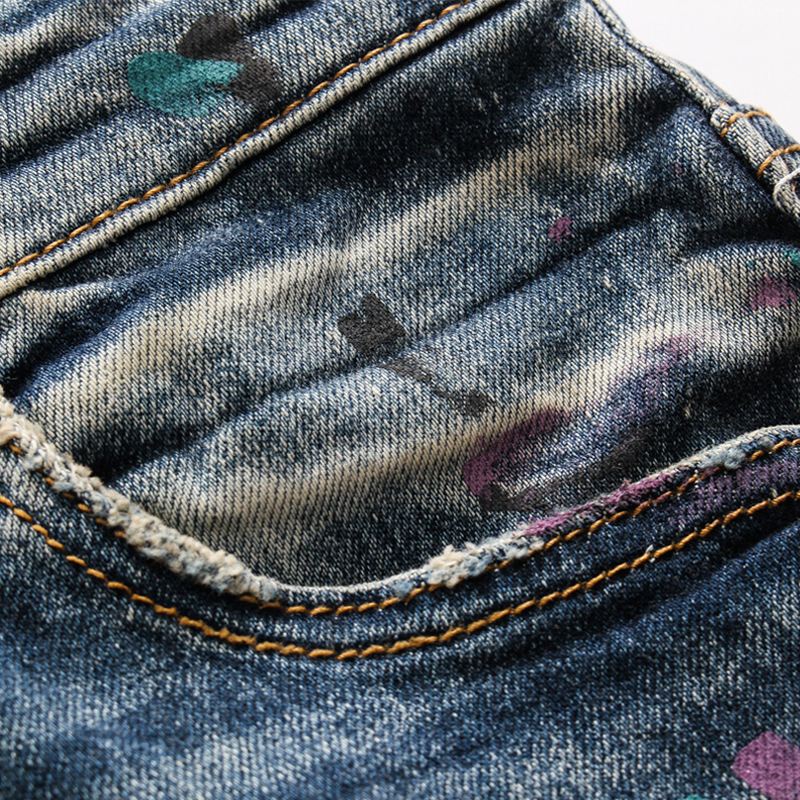 Mænds Ripped Patch Jeans Youth Slim Pants Biker Pants Inkjet Personality