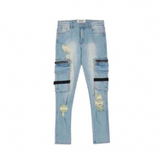 Ødelagte Lynlåsremme Vaskede Distressed Jeans