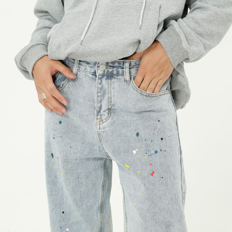 Paint Splash Blue Jeans Lige Løse Jeans