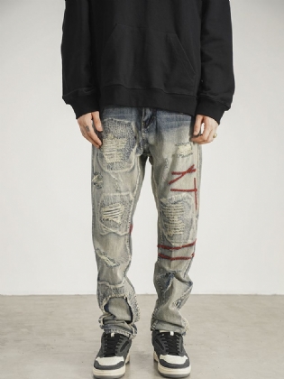 Patched Red Line Straight-leg Jeans