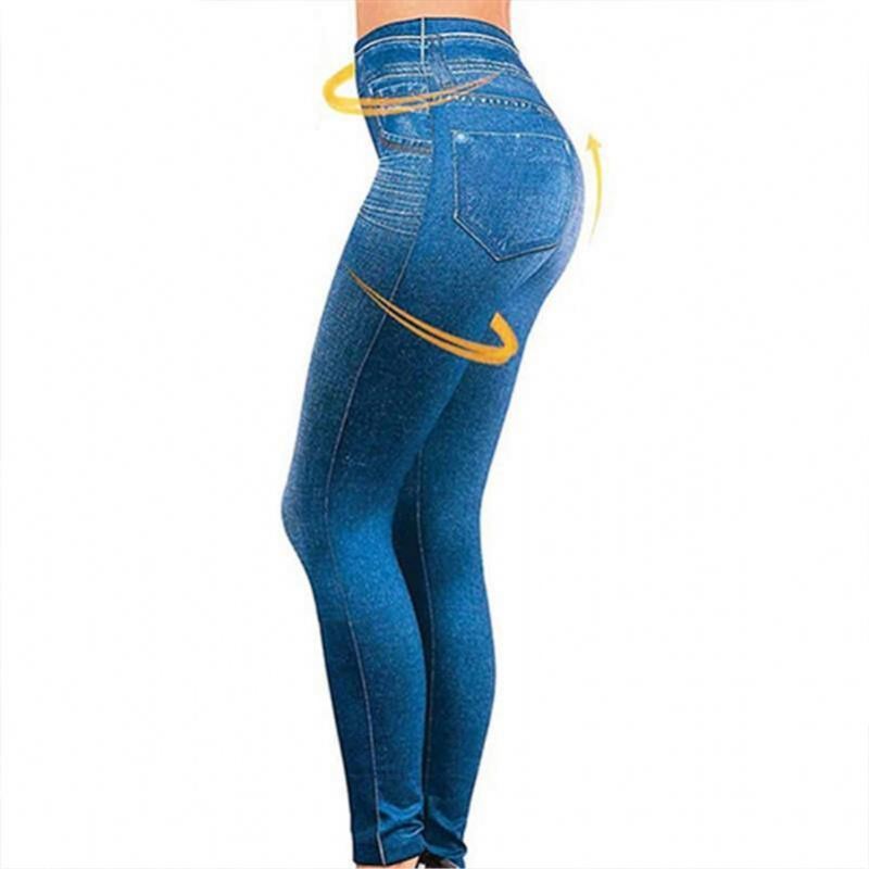 Perfect Fit Jeans Leggings Eksplosionsmodeller Imiteret Denim Dameleggings 9 Point Bukser Pull Hair Med Tryk Imiteret Denim