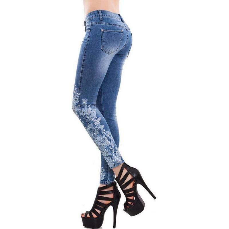 Plus Size 5xl Kvinder Stretch Højtalje Skinny Broderi Jeans Ripped Kvinde Blomster Denim Bukser Bukser Dame Jeans Pencil Bukser