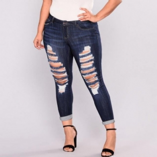 Plus Size Jeans Med Høje Elastiske Huller Dame True Denim Skinny Distressed Jean Til Kvinder Jeans Pencil Bukser