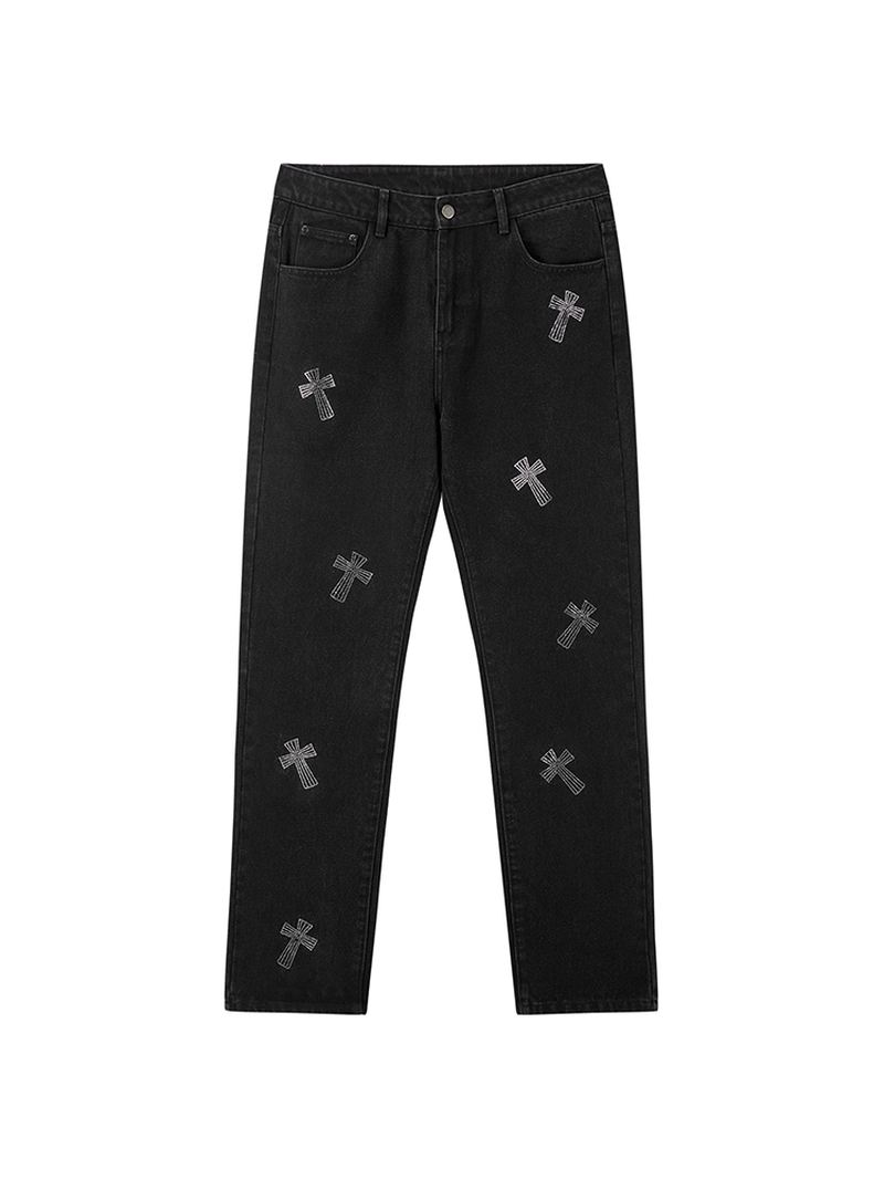 Retro Cross Hot Rhinestone Sorte Jeans