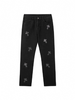 Retro Cross Hot Rhinestone Sorte Jeans