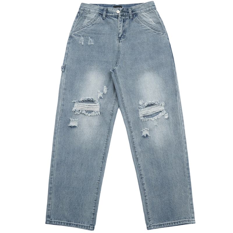 Rippede Casual All-match Jeans Mænds Lige Vask Vand Løs Mopping Daddy Bukser