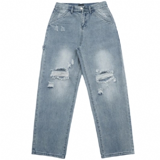 Rippede Casual All-match Jeans Mænds Lige Vask Vand Løs Mopping Daddy Bukser
