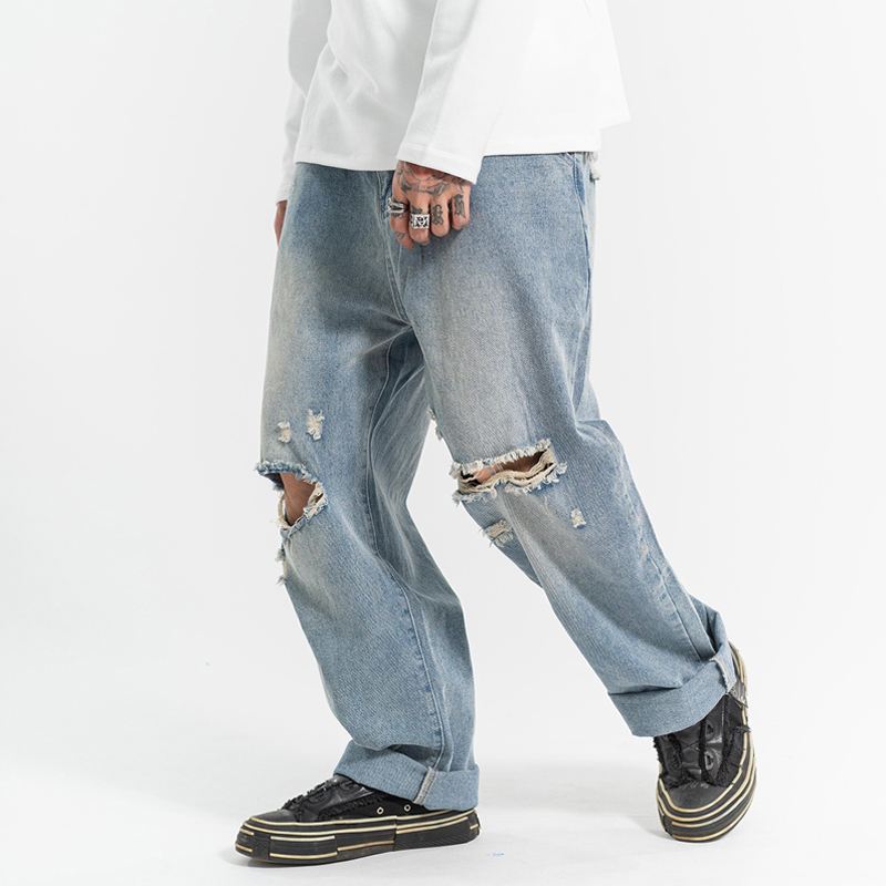 Rippede Casual All-match Jeans Mænds Lige Vask Vand Løs Mopping Daddy Bukser