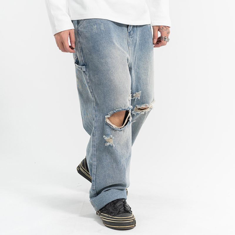 Rippede Casual All-match Jeans Mænds Lige Vask Vand Løs Mopping Daddy Bukser