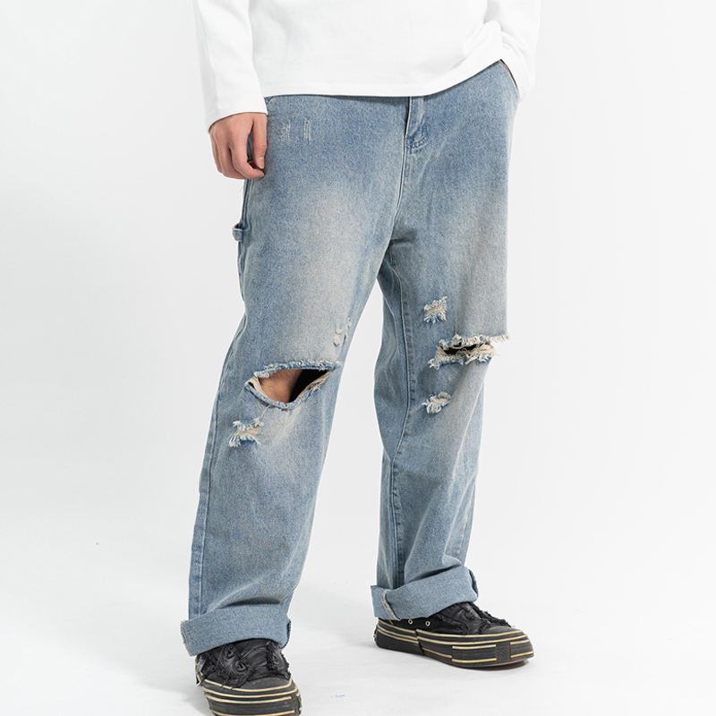 Rippede Casual All-match Jeans Mænds Lige Vask Vand Løs Mopping Daddy Bukser