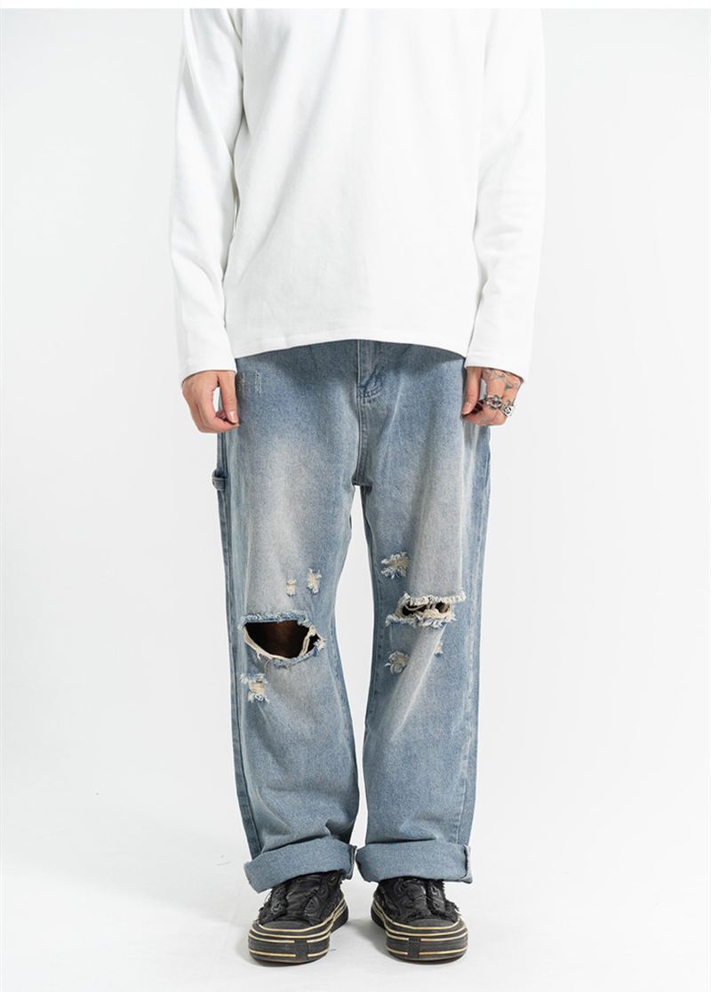 Rippede Casual All-match Jeans Mænds Lige Vask Vand Løs Mopping Daddy Bukser