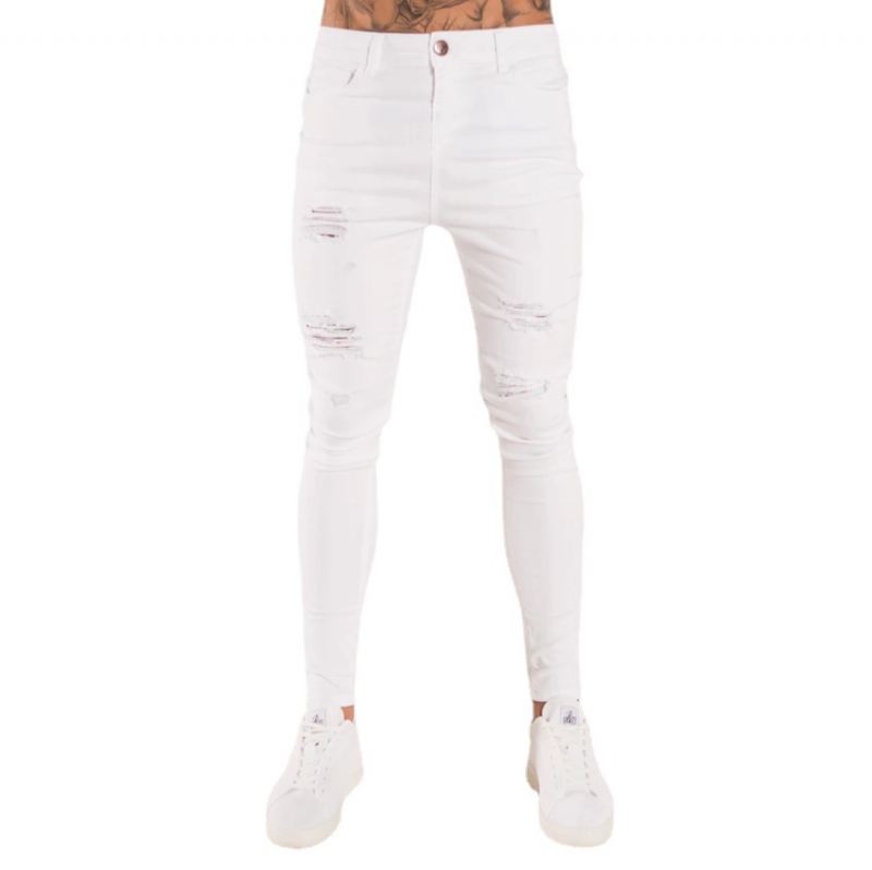 Rippede Europæiske Og Amerikanske Sorte Slanke Højtaljede Jeans Til Mænd