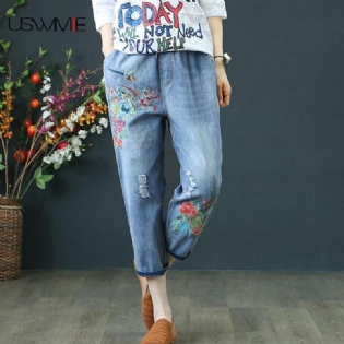 Sommer Damejeans Denim Retro Broderi Snørehuller Løs Komfort Casual Cowboy Kvinde Syv Plus Size Damebukser