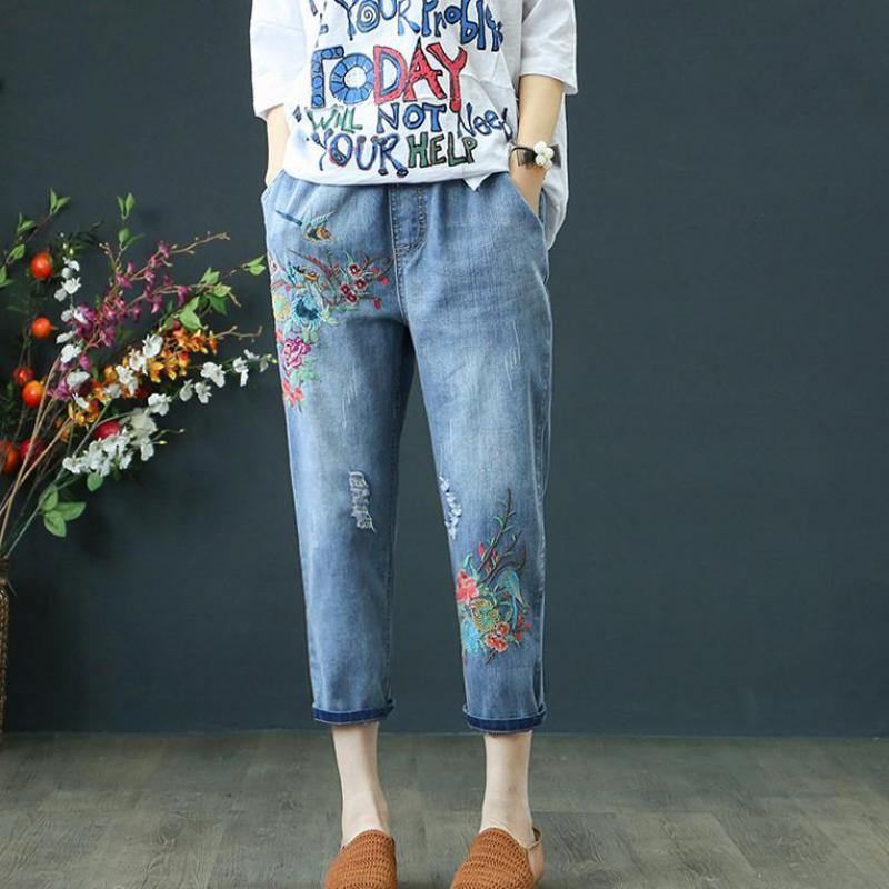 Sommer Damejeans Denim Retro Broderi Snørehuller Løs Komfort Casual Cowboy Kvinde Syv Plus Size Damebukser