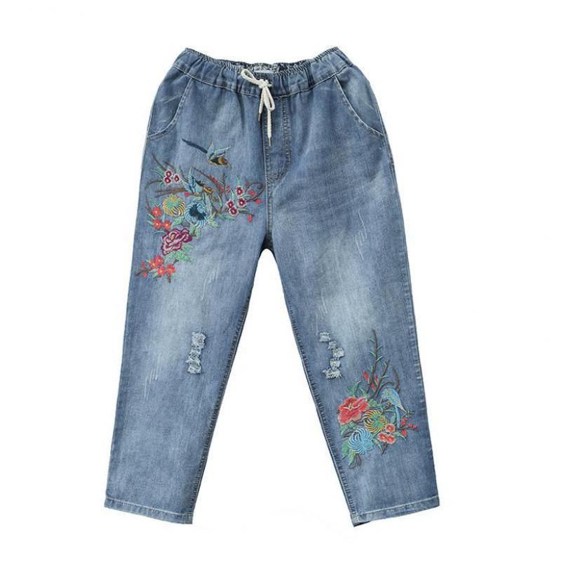 Sommer Damejeans Denim Retro Broderi Snørehuller Løs Komfort Casual Cowboy Kvinde Syv Plus Size Damebukser