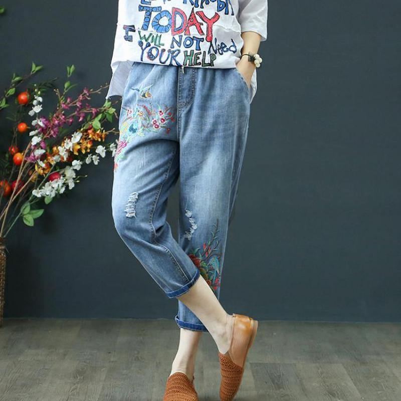 Sommer Damejeans Denim Retro Broderi Snørehuller Løs Komfort Casual Cowboy Kvinde Syv Plus Size Damebukser