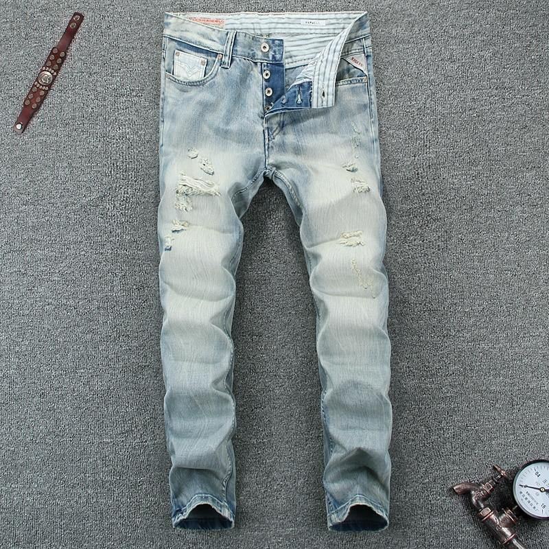 Sommerstil Lyseblå Farve Mode Herrejeans Højkvalitets Slim Fit Rippede Jeans Til Mænd Knapper Bukser Mærke Biker Jeans Mænd