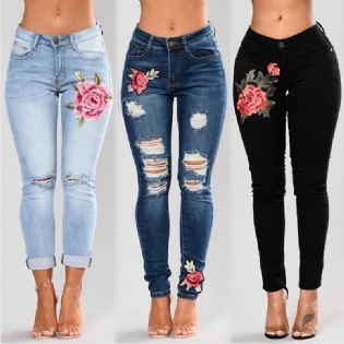 Stretchbroderede Jeans Til Kvinder Elastiske Blomsterjeans Kvinder Slanke Denimbukser Hul Rippet Rose Mønster Jeans Pantalon Femme