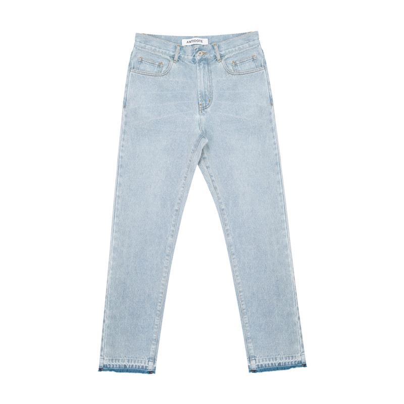 Vasket Blå Flossede Kanter Distressed Broderede Straight-leg Jeans