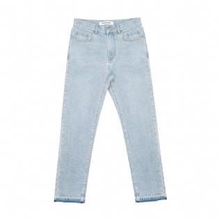 Vasket Blå Flossede Kanter Distressed Broderede Straight-leg Jeans