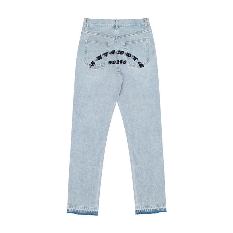 Vasket Blå Flossede Kanter Distressed Broderede Straight-leg Jeans