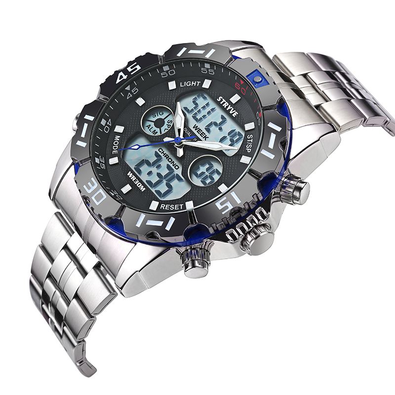 Chronograph Alarm Kalender Rustfrit Stål Sport Dual Display Digital Watch