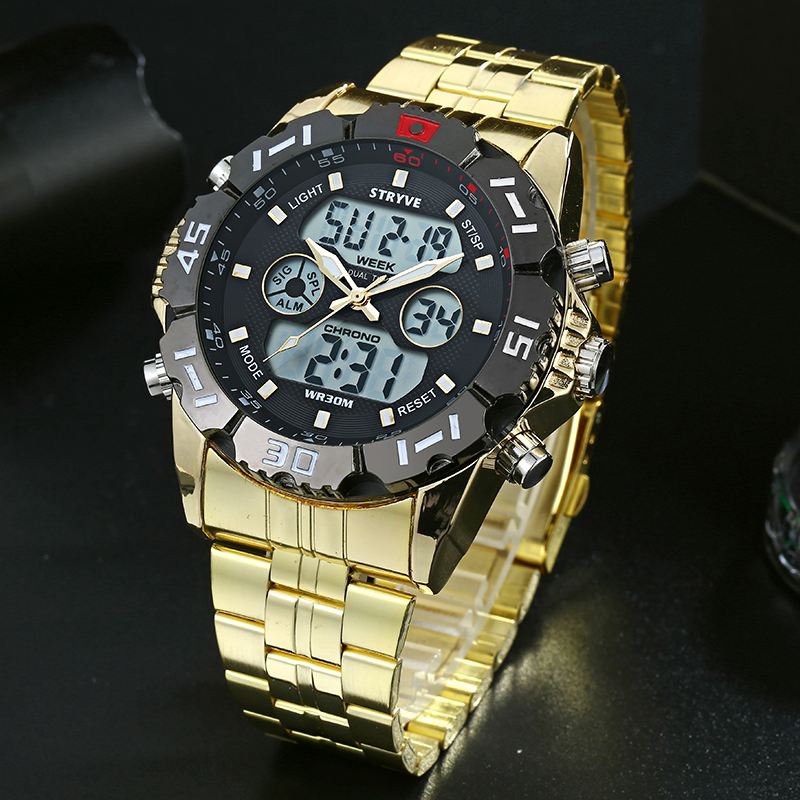 Chronograph Alarm Kalender Rustfrit Stål Sport Dual Display Digital Watch