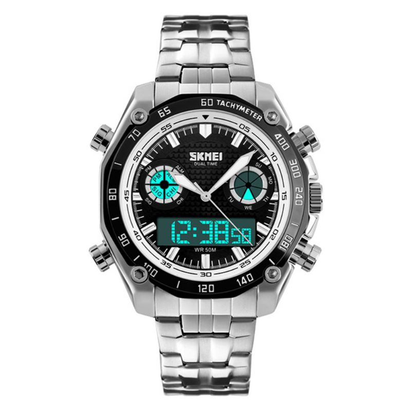 Dual Dsplay Digital Watch Herre Rustfri Stål Rem Lysende Alarm Udendørs Sport Watch