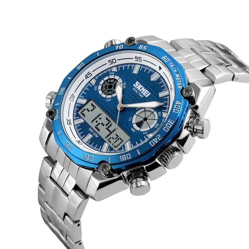 Dual Dsplay Digital Watch Herre Rustfri Stål Rem Lysende Alarm Udendørs Sport Watch