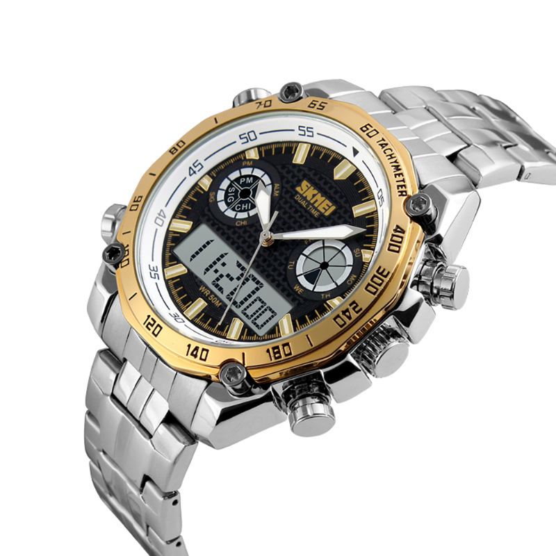 Dual Dsplay Digital Watch Herre Rustfri Stål Rem Lysende Alarm Udendørs Sport Watch