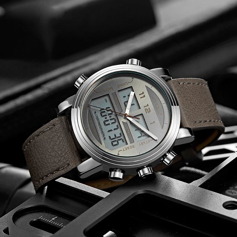 Mode Læderrem Lysende Display Alarm Dual Display Digital Watch