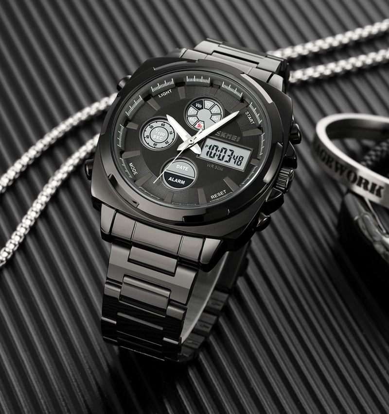 Mode Led Lys Digital Watch Rustfrit Stål Strap 3atm Vandtæt Herre Dual Display Watch