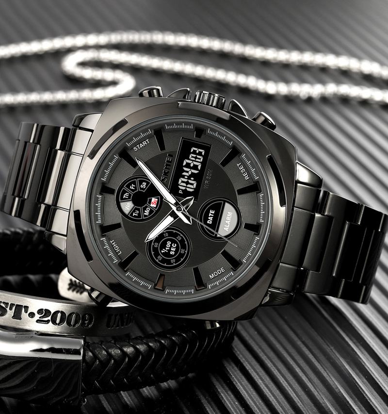 Mode Led Lys Digital Watch Rustfrit Stål Strap 3atm Vandtæt Herre Dual Display Watch