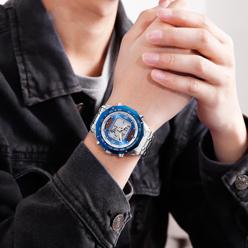 Mode Mænd Digital Quartz Watch 3atm Vandtæt Lysende Display Dual Display Watch
