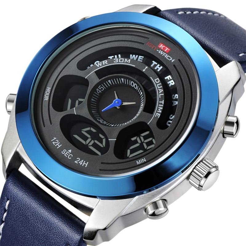 Mode Sport Mænd Digital Ur Dato Uge Måned Display Kronograf Læderrem Led Dual Display Watch