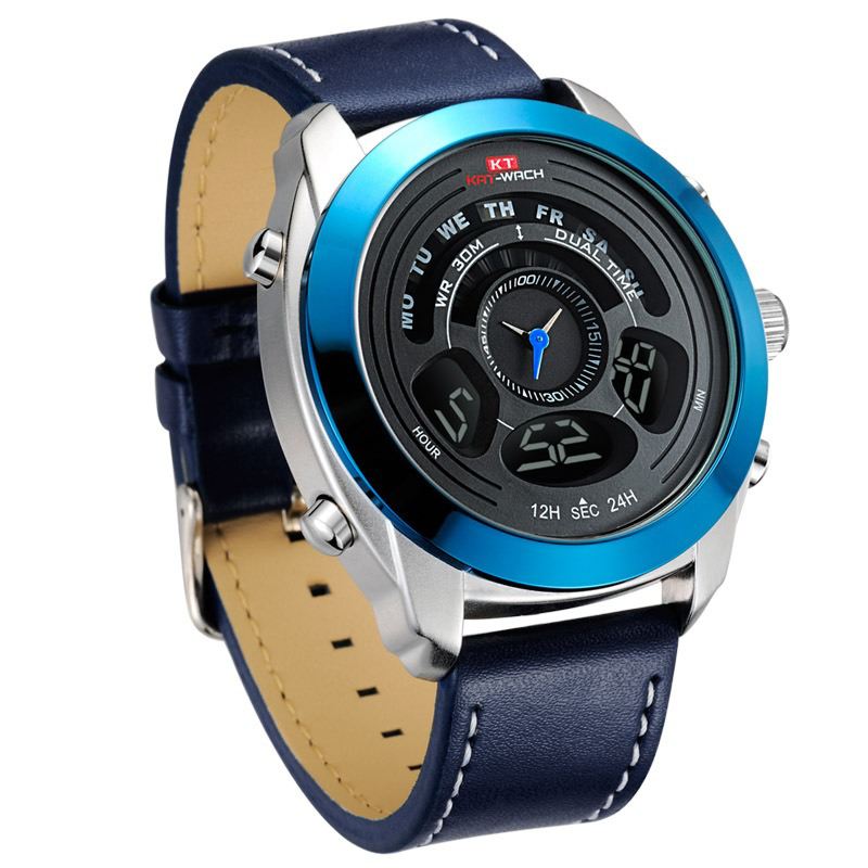 Mode Sport Mænd Digital Ur Dato Uge Måned Display Kronograf Læderrem Led Dual Display Watch