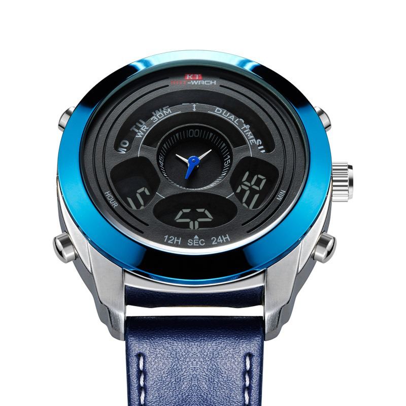 Mode Sport Mænd Digital Ur Dato Uge Måned Display Kronograf Læderrem Led Dual Display Watch
