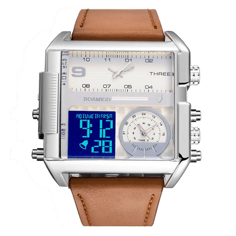 Mode Til Mænd Digital Watch Creative Dial Week Month Display Chronograph 3 Time Zone Læderrem Dual Display Ur