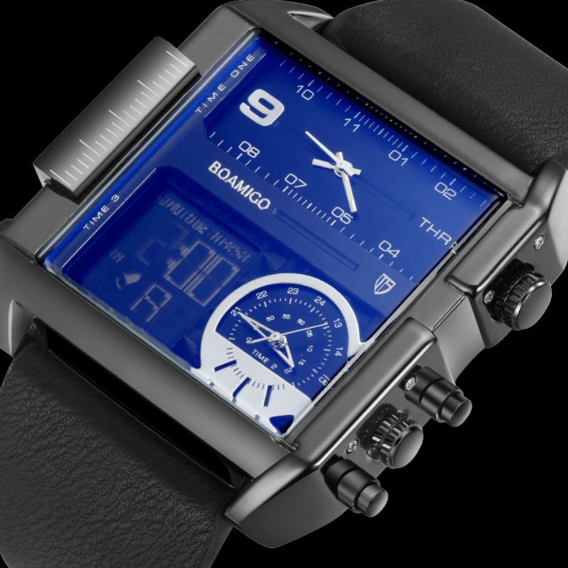 Mode Til Mænd Digital Watch Creative Dial Week Month Display Chronograph 3 Time Zone Læderrem Dual Display Ur