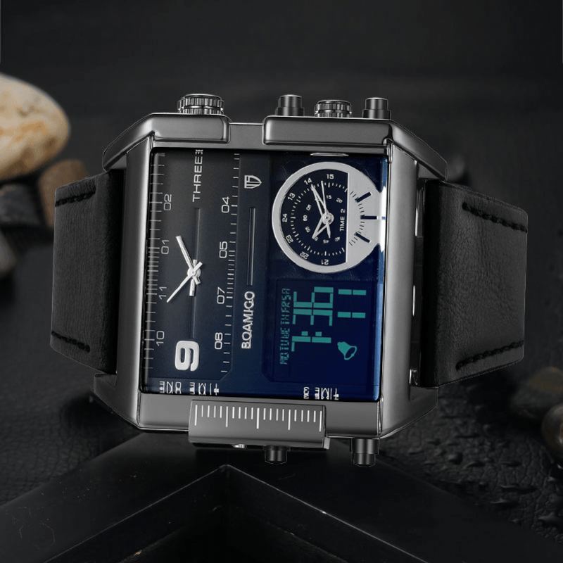 Mode Til Mænd Digital Watch Creative Dial Week Month Display Chronograph 3 Time Zone Læderrem Dual Display Ur